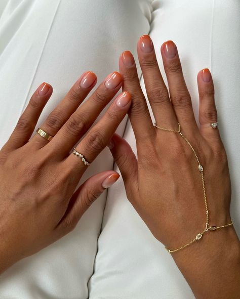 Iram Shelton | Aperol tipz🍊🧡 Ombré tips created using @opinailsuk Silicon Valley girl & Baby take a vow #aperolspritz #nails #summernails #ombrenails | Instagram Minimal Manicure, Light Colored Nails, Light Nail, Sheer Nails, Baby Pink Nails, Bunny Nails, Nail Color Trends, Valley Girl, Pink Manicure