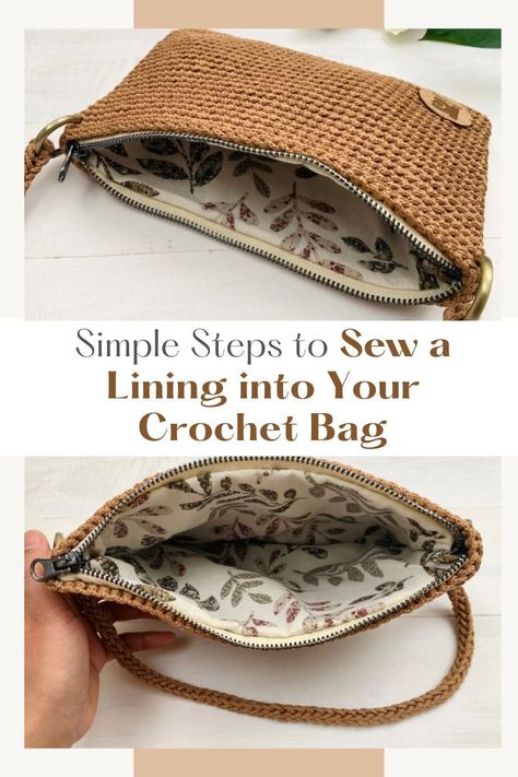 Crocheted bags often face the challenge of losing shape over time, but worry not! Our video tutorial by Knitcro Addict unveils the secret to reviving your favorite bag. Learn how to effortlessly sew a fabric lining into your crochet bag, banishing the stretching issue for good. With easy-to-follow steps suitable for beginners, you'll achieve impeccable results and ensure your bag stands the test of time. Say hello to a perfectly shaped and durable crochet bag with this simple sewing technique. Crochet Bag Insert, Crochet Bag Closure Ideas, Crochet Bag With Lining, Line Crochet Bag, Lining A Crocheted Bag, Lining Crochet Bag With Fabric, How To Line A Crochet Bag, Lined Crochet Bag, How To Line A Crochet Bag With Fabric