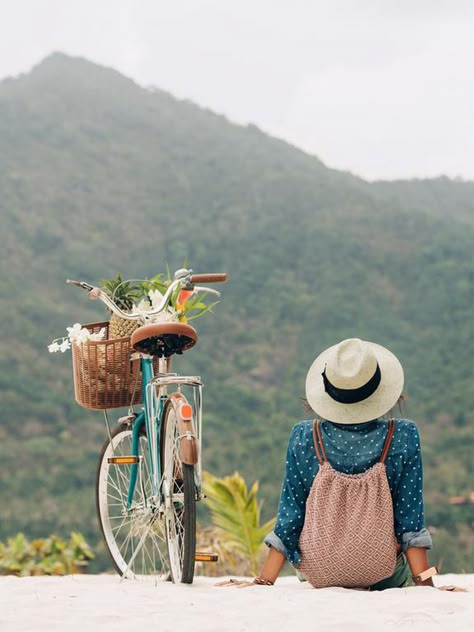 Bicycle Photography, Honeymoon Planning, Hiking Pictures, Bike Photo, Woman Sitting, Mountain Photography, Bike Style, Summer Wedding Dress, Adventure Bike