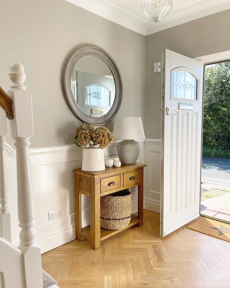 Monday morning ☕️ I hope you all have a great week ✨ Wall colour - Purbeck Stone @farrowandball Panelling paint - Brilliant white… | Instagram Purbeck Stone Farrow And Ball, Farrow And Ball Purbeck Stone, Hallway Panelling, Primark Home, Purbeck Stone, White Instagram, Autumn Candle, Have A Great Week, Hallway Designs