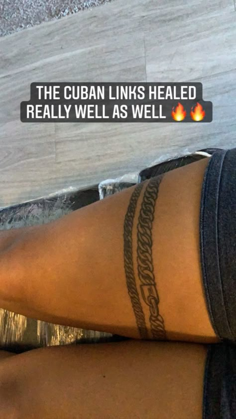 Chain Around Leg Tattoo, Garter Tattoo Black Women, Chain Leg Tattoo, India Love Thigh Tat, Thigh Bracelet Tattoo, Chain Link Tattoo For Women, Chain Tattoo Thigh, Thigh Chain Tattoo, Leg Band Tattoo Women