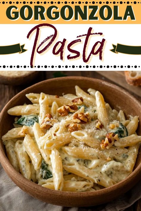 This creamy gorgonzola pasta is the ultimate comfort food! The decadent sauce, toasted walnuts, and fresh spinach make it perfect for cozy nights in. Pasta With Gorgonzola, Pasta With Gorgonzola Cream Sauce, Gorgonzola Pasta Recipes, Gorgonzola Cream Sauce Pasta, Chicken Gorgonzola Pasta, Recipes With Gorgonzola Cheese, Fancy Pasta Recipes, Gorgonzola Cream Sauce, Gorgonzola Recipes