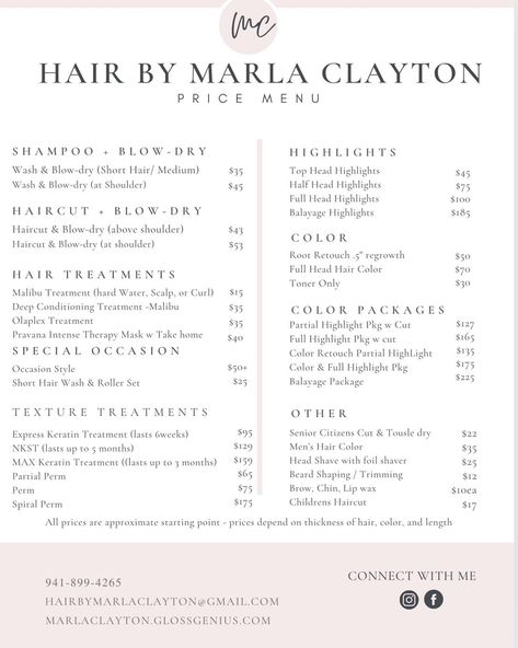 More services are listed within my booking website, of course services are provided and priced according to hair type, density, texture, etc- so for a precise pricing for any styling or chemical service we’ll discuss your hair. #hairbymarlaclayton #northportflsalon #northportstylist #envywaveshairsalon #marlarecommends #backtoschool2024 #fypシviralシ2024 #northportflorida #swflhaircolorist #northportflcolorist #swflhaircolor #swflhairsalon #swflhairdresser #swflhair #matrixcurlcream #girlboss ... Hairstylist Price Increase, Hair Stylist Pricing List, Hair Braider Price List, Hair Salon Price List Design, Hair Salon Price Increase Notice, Full Head Highlights, Wash And Blow Dry, Partial Highlights, Deep Conditioning