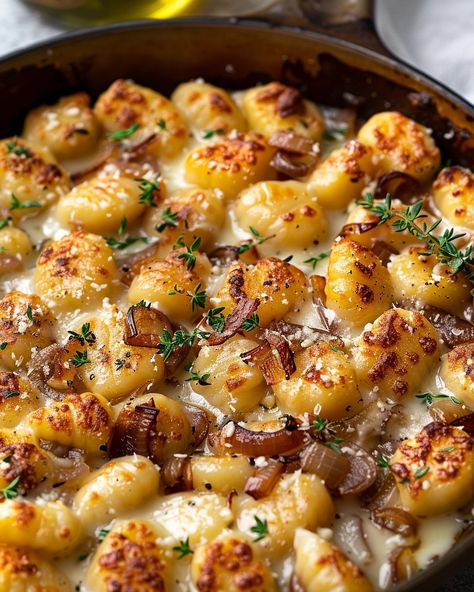 A perfect blend of soft gnocchi and gooey cheese! Gnocchi with Caramelized Onions and Gruyère Visit website for full recipe at https://northeastnosh.com/f/gnocchi-with-caramelized-onions-and-gruy%C3%A8re #northeastnosh #gnocchirecipe #caramelizedonions #gruyerecheese #comfortfood #easyrecipes #weeknightdinner #foodblogger #recipeoftheday #homemadefood #cookingathome #delicious #cheesygnocchi #onepanmeal #skilletrecipes #thymeflavor Sharing Dinner Ideas, Italian Winter Food, Thanksgiving Gnocchi, Autumn Recipes Dinner Comfort Foods, Rosemary Gnocchi, Gnocchi Mac And Cheese, Cheese Gruyere, Cheese Gnocchi, Pasta Gnocchi