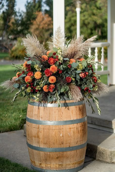 Rustic Wedding Floral Arrangements, Fall Wedding Isles Decoration, Fall Wedding Mums, Magnetic Hill, Barrel Wedding Decor, Barrel Flowers, Whiskey Barrel Wedding, Barrel Wedding, Fall Wedding Tables