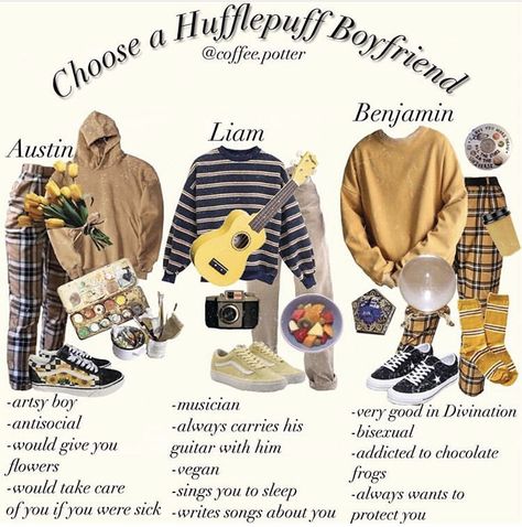 Pick A Boyfriend Aesthetic, Modern Hufflepuff Outfits, Pick A Girlfriend, Hufflepuff Boyfriend, Choose A Girlfriend, Pick A Boyfriend, Choose A Boyfriend, Hufflepuff Inspired Outfits, Hogwarts Outfits Aesthetic