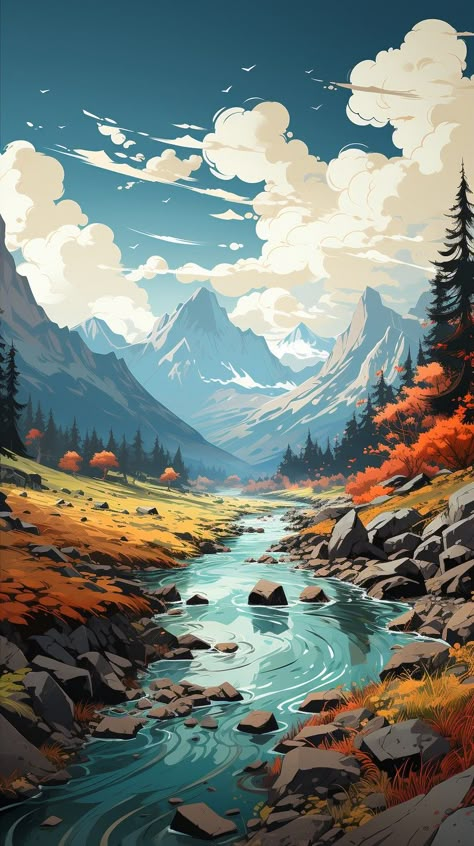 River coming down from the mountains Jungle Images, Majestic Landscape, 1080p Anime Wallpaper, Digital Art Beginner, Creative Genius, Personal Aesthetic, Landscape Art Painting, Art Gallery Wallpaper, Fantasy Art Landscapes