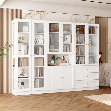 PRICES MAY VARY. DIMENSIONS & LARGE STORAGE SPACE: Overall dimensions: 94.5”L x 15.7”W x 70.9”H. The shelves, doors and drawers can store many items, the transparent glass doors can show your collections perfectly, you can also add LED light strip in the cabinet to create more fun MODERN ORGANIZER: This tall bookcase with glass doors offers a nice looking space to store & display your collections, it is suitable for almost kinds of decorative styles DURABLE BOOKCASE: This bookshelf is crafted fr Cabinet With Glass Doors Display, Bookshelf With Glass Doors, Home Office White, Glass Bookcase, Cabinet For Living Room, Tall Bookshelves, Bookcase With Glass Doors, Modern Organization, Tall Bookcase