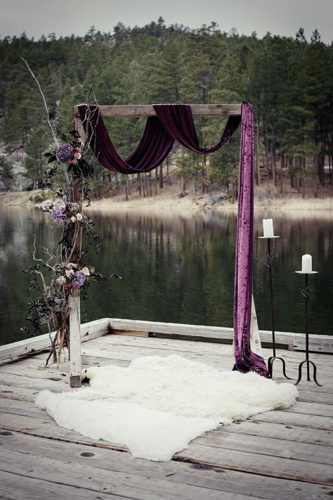 Alternative Wedding With Black Wedding Dress In South Dakota USA with purple styling. #magpiewedding Purple And Black Wedding Theme Color Palettes, Outdoor Purple Wedding, Purple Witchy Wedding, Purple Black Wedding Dress, Purple Green And Black Wedding, Country Goth Wedding, Black And Purple Wedding Ideas, Purple And Black Wedding Ideas, Purple Goth Wedding