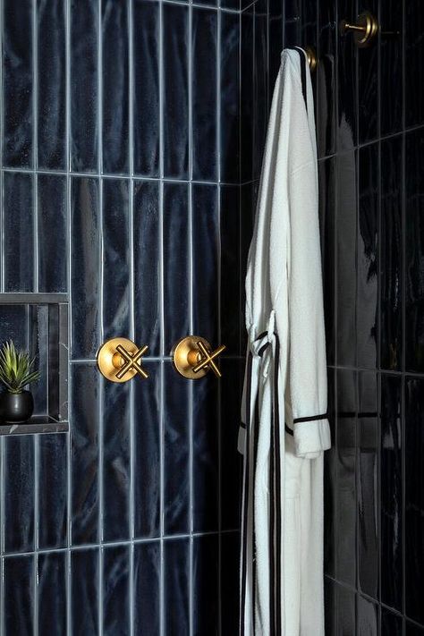 Navy Tile Shower Ideas, Dark Blue Moody Bathroom, Dark Blue Shower Tile, Dark Blue Bathroom Tiles, Blue Glass Tile Bathroom, Vertical Shower Tile, Shower Wall Tiles, Modern Shower Tile, Dark Blue Bathroom