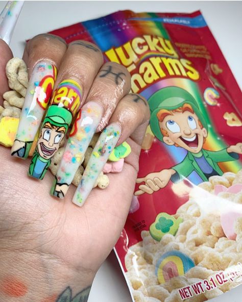 Lucky Charm Nails, St Patrick Day Nails Acrylic, Charm Nails, Cartoon Nail Designs, Crazy Nail Designs, Food Nails, St Patricks Day Nails, Sculpted Nails, Nail Salon Design