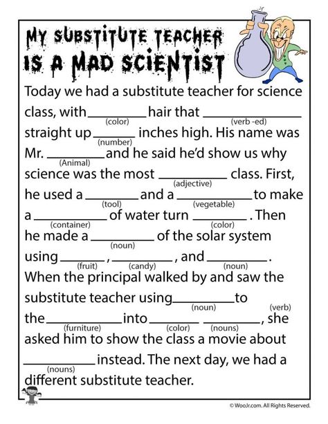 Mad Scientist Mad Lib Fourth Grade Ela, Funny Mad Libs, Halloween Mad Libs, Halloween Mad, Ad Libs, Substitute Teaching, Halloween Classroom, Mad Libs, Substitute Teacher