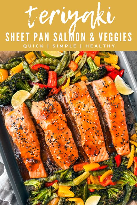 This delicious teriyaki sheet pan salmon with veggies is quick, easy, and healthy—all the things we want and need on a busy weeknight! #salmonrecipe #sheetpansalmon #sheetpanmeal #sheetpandinner #weeknightdinner #pescatarian #healthydinner Teriyaki Salmon Sheet Pan Dinner, Teriyaki Sheet Pan, Sheet Pan Salmon And Veggies, Fast Healthy Dinners, Salmon With Veggies, Salmon Sheet Pan Dinner, One Pan Salmon, Salmon And Veggies, Sheet Pan Salmon