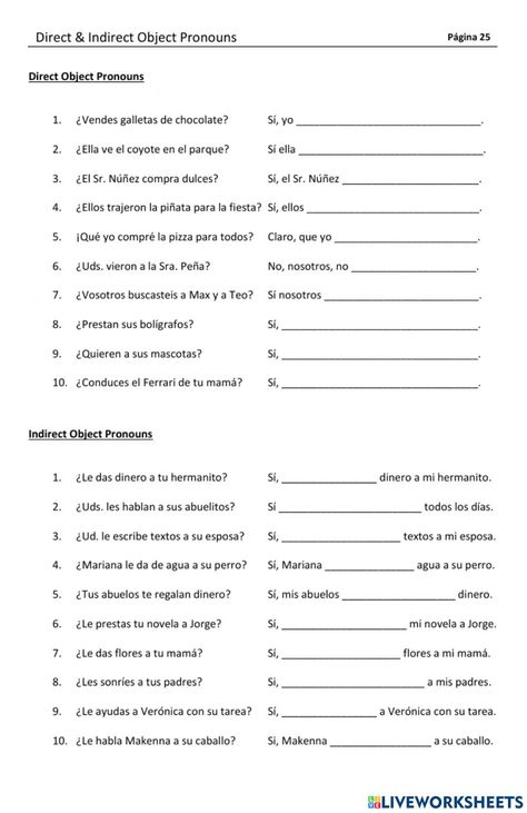 Direct Object Pronouns Spanish Worksheets, Direct And Indirect Object Pronouns Spanish, Spanish Direct Object Pronouns, Direct Object Pronouns Spanish, Indirect Object Pronouns Spanish, Spanish Practice Worksheets, Workbook Layout, Indirect Object, Pronouns Worksheet