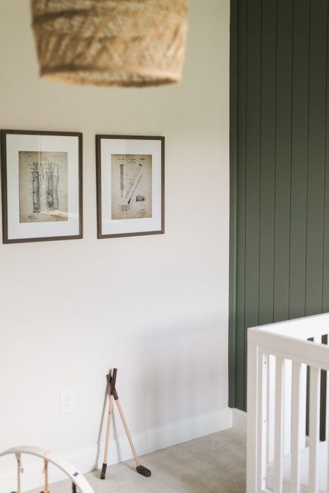 Green Shiplap Wall Nursery, Nursery Color Themes, Vintage Golf Themed Nursery, Moody Green Nursery, Golf Nursery Decor, Golf Inspired Nursery, Golf Themed Nursery Ideas, Vintage Golf Nursery Baby Boy, Scottish Nursery