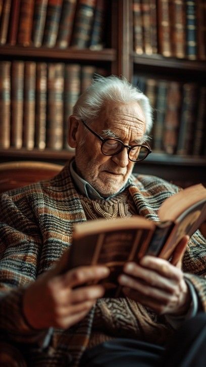 An elderly gentleman immersed in a fascinating book, in a cozy room surrounded by bookshelves. Male Academic Aesthetic, Academic Headshots, Old People Portraits, Old Man Aesthetic, Old Library Aesthetic, Old Man Reading, Academic Aesthetic, Sky Lake, Guys Read