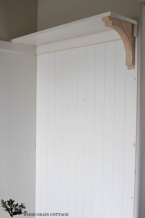 Mudroom Built- In Shelf - The Wood Grain Cottage Corbel Shelf Diy, Diy Mudroom Shelves, Mud Room Hooks And Shelf, Beadboard Shelf, Townhouse Garage, Mudroom Shelf, Shelf With Corbels, Beadboard Wall, Mountain Farmhouse