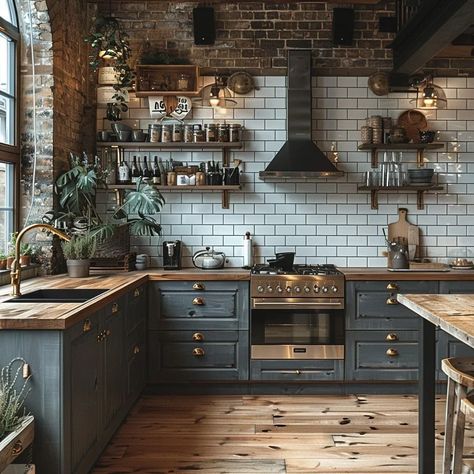 Lush Luxe Life | ~ Industrial Series 1/3 ~ Industrial design might seem like a cold and utilitarian style with the use of metal and unpolished finishes.… | Instagram Gothic Industrial Interior Design, Kitchen Industrial Style, Industrial Farmhouse Kitchen, House Moodboard, Gothic Kitchen, Wood And Gold, Industrial Style Kitchen, Nordic Kitchen, Industrial Aesthetic