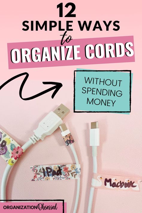 Organize cords and cable easily with these 12 cord clutter tips. These simple ways to organize cords will help you organize all your cords fast and even for free! Don't miss these budget friendly organizing ideas and organizing tips! Office Cord Organization, Label Cords Organizing Ideas, How To Label Charger Cords, Storing Cords Organization Ideas, Organize Charging Station, Organize Electronic Cords, Electronic Cord Storage Ideas, Electrical Cord Storage Ideas, Organizing Electronics Cords