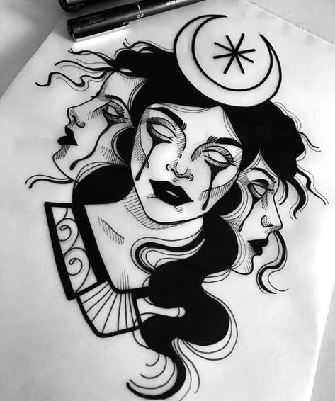 Three Faced Goddess Tattoo, Goddess Tattoo Traditional, Hecate Tattoo Design, Hecate Goddess Tattoo Design, Tattoos Sagittarius, La Luna Tattoo, Hekate Tattoo, Hecate Tattoo, Shen Long Tattoo