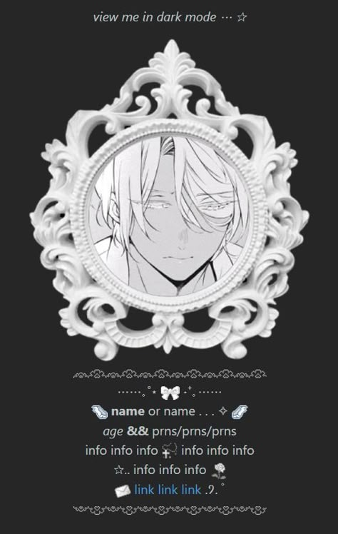 free rentry template (dark mode) of noe from vanitas no carte. click image for the link! PLS DONT REMOVE CREDIT. feel free to make suggestions/requests who i make next but no promises. Rentry Template, No Promises, Vanitas No Carte, Dark Mode, Instagram Bio, Layout Template, Fluttershy, Photo Archive, Name Cards