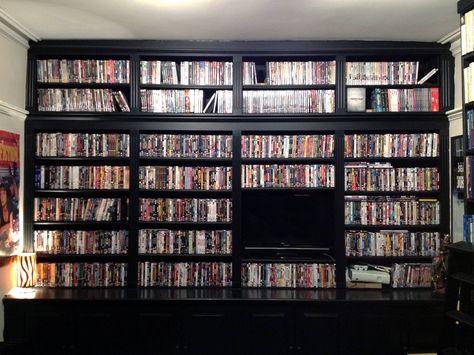 Built-in DVD shelves Dvd Storage Solutions, Vhs Display, Blu Ray Storage, Movie Storage, Theatre Rooms, Music Setup, Dvd Shelf, Movie Library, Sala Cinema