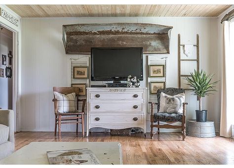 Love the use of an antique dresser for a tv stand Antique Dresser As Tv Stand, Antique Tv Stand Ideas For Living Room, French Cottage Tv Stand, Antique Dresser Used As Tv Stand, Dresser For Tv Stand, Antique Dresser Living Room, Antique Dresser Tv Stand, Cottage Style Tv Stand, Vintage Living Room With Tv