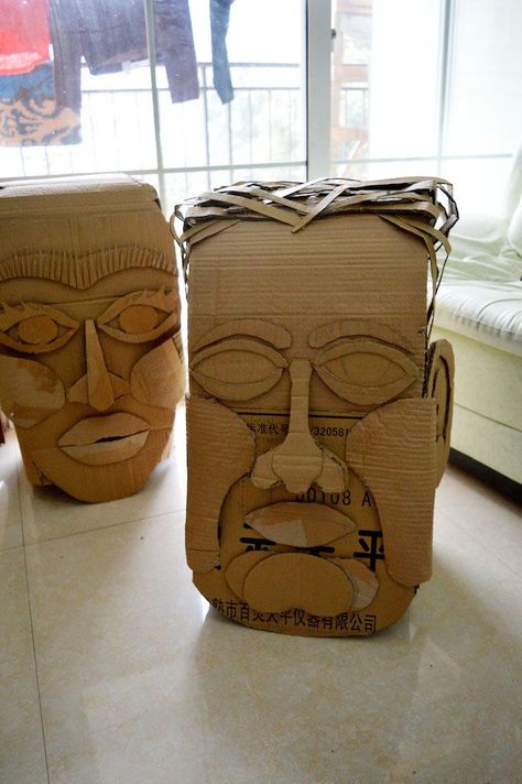 Cardboard Faces, Cardboard Head, Cardboard Mask, Play Props, Sculpture Lessons, Cardboard Sculpture, Sculpture Projects, Tiki Party, Cardboard Art