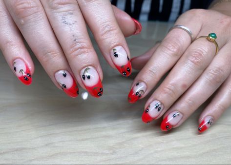 Halloween Cherry Nails, Ghostface Cherry Nails, Cherry Skull Nails, Cheetah And Cherry Nails, Skull Cherry Nails, Cheetah Nails With Cherries, Black Cherry Nails, Cherry Nail Art, Skull Nails