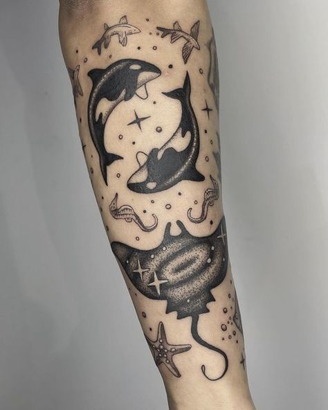 Marine Animal Sleeve Tattoo, Marine Biology Tattoo Sleeve, Sea Animals Tattoo Sleeve, Space Octopus Tattoo, Marine Sleeve Tattoo, Marine Life Sleeve Tattoo, Sea And Stars Tattoo, Marine Bio Tattoo, Sea Animal Tattoos Sleeve