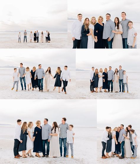 Great Salt Lake Family Pictures | What to wear for family pictures l Family picture outfit ideas l Family picture pose ideas l Best candid pose ideas Lake Family Pictures, Big Family Photo Shoot Ideas, Family Beach Pictures Poses, Family Beach Pictures Outfits, Family Picture Outfit Ideas, Large Family Pictures, Picture Pose Ideas, Extended Family Pictures, Picture Outfit Ideas