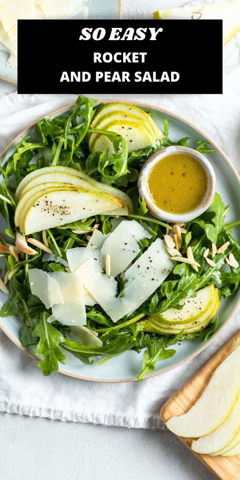 This simple, classic Rocket and Pear Salad is the perfect mix of sweet and savoury. With peppery rocket (arugula), sweet juicy pear, crunchy almond and umami flavoured parmesan cheese, it is a perfect combination of flavours and textures which contrast and complement each other. Serve it with meat, poultry or fish, or as a light starter with crusty bread. Pear Salad Dressing, Delicious Healthy Salads, Pear Salad Recipes, Complicated Recipes, Parmesan Salad, Feta Salad Recipe, Rocket Salad, Pear Salad, Walnut Salad