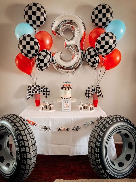 Simple Car Birthday Party, Three Year Old Race Car Party, Car Themed Third Birthday Party, Car Birthday Theme For Boys, Cant Catch Me Im 3, Race Car 3rd Birthday Party Ideas, Hotwheels Birthday Decorations, F1 Theme Party Birthday, Cars 3rd Birthday Party