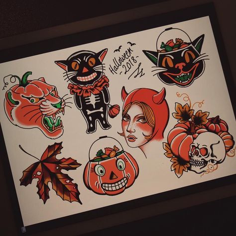 Halloween tattoo flash sheet Traditional Halloween Cat Tattoo, Vintage Jackolantern Tattoo, Pumpkin Trad Tattoo, Halloween 3 Season Of The Witch Tattoo, Traditional Autumn Tattoo, Halloween Tattoo Traditional, Vintage Halloween Tattoo Ideas, Traditional Tattoos Halloween, Cat Halloween Tattoo