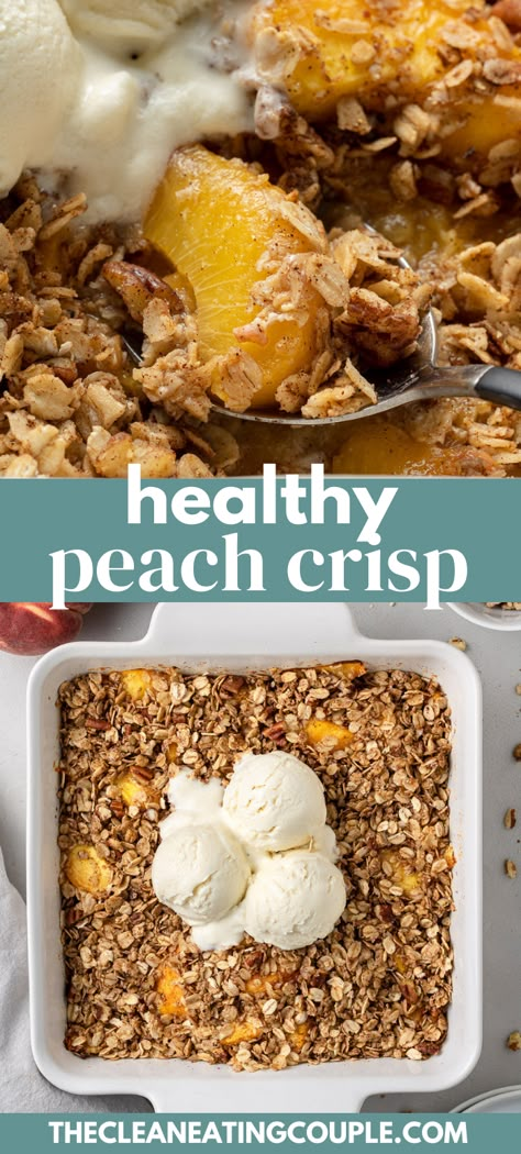 An easy Peach Crisp Recipe that is healthy and delicious. The best peach crisp that's perfect for a simple dessert. Vegan and gluten free! Use fresh or frozen peaches and topped with oats. Gluten Free Peach Crisp With Oats, Simple Peach Dessert, Healthy Peach Dessert Recipes, Healthy Peach Dessert, Peach Dishes, Easy Peach Crisp Recipe, Macro Ideas, Healthy Peach Cobbler, Gluten Free Peach Crisp