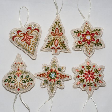 Beautiful stuffed embroidered Christmas ornaments.The embroidery is only on the front. The filling is 100% polyester, which is used to fill toys and pillows.    Set contains 6 Christmas ornaments: Star :           3.75inch X 4.25inch Tree:            3.00inch X 4.13inch Heart:          3.50inch X 3.75inch Snowflake: 3.50inch X 3.87inch Poinsettia:  3.25inch X3.87inch Ball:             3.37inch X 4.00inch MATERIAL: Felt, Ribbon, Thread Each piece that you will find in the collection is made one at a time, with carefully selected materials, and most styles are created in very small runs according material availability.  Handmade in our Most na Soci studio  CARE: These items are very delicate so please use them with extra care. You may need to iron the lace carefully, with a piece of cloth to Boho Felt Ornaments, Felt Christmas Embroidery, Felt Christmas Star, Embroidered Christmas Pillow, Free Christmas Embroidery Designs, Embroidered Christmas Decorations, Handmade Felt Christmas Ornaments, Felt Embroidery Ornaments, Danish Christmas Decorations