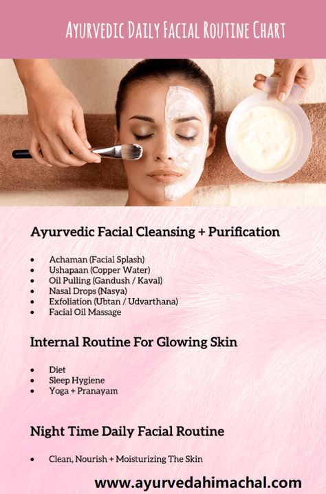 Ayurvedic Daily Facial Routine Chart  Also Try Arogyam Pure Herbs Face Care Kit For Beautiful and Glowing Face Naturally  Find it here : http://www.ayurvedahimachal.com/pure-herbal-products/#sthash.1nrmsEI7.dpbs Ayurvedic Self Care, Ayurvedic Night Routine, Ayurvedic Skin Care Routine, Ayurvedic Facial, Daily Facial Routine, Ayurveda Skin Care, Ayurveda Spa, Glowing Skin Diet, The Ayurveda Experience