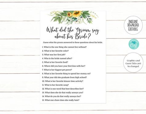 Editable What did the Groom say about his Bride Game | Etsy Bride Game, Bridal Sunflowers, Sunflower Bridal Shower, Bridal Shower Activities, First Job, First Kiss, Downloads Folder, Instant Download Printable, Bridal Shower Games