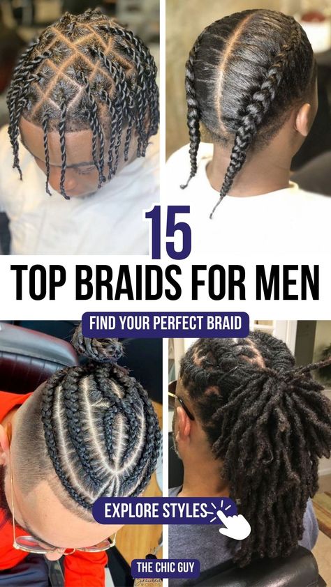 15 Stylish Braided Hairstyles for Men to Try in 2024 French Braid For Men, Easy Braid Styles For Men, Men’s Single Braids, Big Forehead Braids, Plats Braids For Men Short Hair, Two Braids Hairstyle Men, Black Mens Braids, Man Braids Hairstyles, Mens Loc Styles