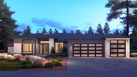 Contemporary, Modern House Plan 81906 with 4 Beds, 4 Baths, 3 Car Garage Elevation Contemporary Style House, Interesting Architecture, Shingle Exterior, Open Concept Layout, Modern Style House Plans, Modern Ranch, Contemporary Style Homes, Contemporary House Plans, Plan Ideas