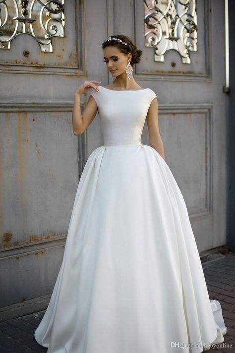 Discount 2018 Simple Style Wedding Dresses Capped Scoop Neck Backless Button Vestido De Noiva Bridal Gown Ball Bride Gowns BA7491 Wedding Gown Dresses Wedding Gowns Wedding Dresses From Babyonline, $146.06| DHgate.Com Boat Neck Wedding Dress, Classic Wedding Gown, Plain Wedding Dress, Wedding Dress Backs, Modest Bridal Gowns, Backless Bridal Gowns, Classy Gowns, Neck Wedding Dress, Classy Wedding Dress