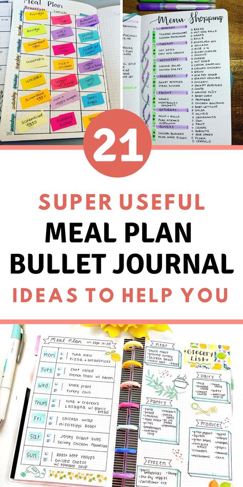 21 Unique & Colorful Meal Plan Bullet Journal Ideas Meal Plan Bullet Journal, Meal Planner Bullet Journal, Diy Meal Planner, Bullet Journal Meal Plan, Journal Examples, How To Bullet Journal, Bullet Journal Month, Recipe Book Diy, Monthly Meal Planner