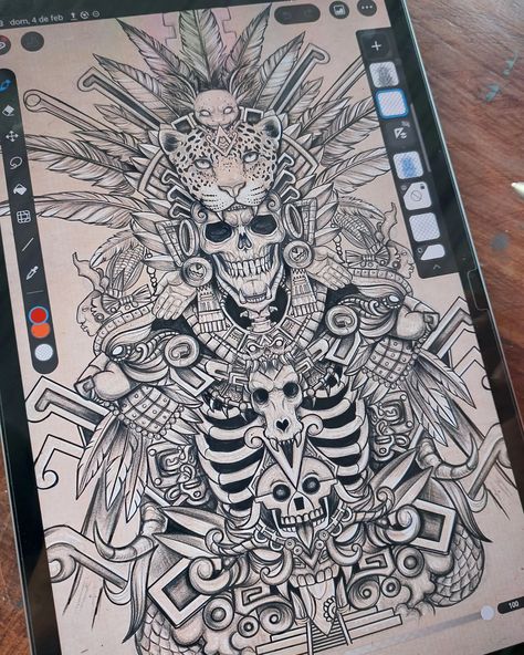 Les comparto este dibujo hecho con tableta, espero les agrade. Saludos a todos.🤝🤝🤝😎✌️ . . . . . . #drawingtattoo #drawingfortattoo #draw #sketchtattoo #sketch_daily #sketchtattooing #Mictlantecutli #mictlan #mictlantecuhtli #skulldraw #skullsketch #drawingskull #sketchbooks #clipstudioforgalaxy #clipstudiopaint #clipstudiopaintpro #drawingtattoos #penartist Aztec Drawing, Mexican Tattoo, Aztec Artwork, Aztec Tattoo Designs, Aztec Culture, Aztec Warrior, Aztec Tattoo, Aztec Art, Skull Drawing