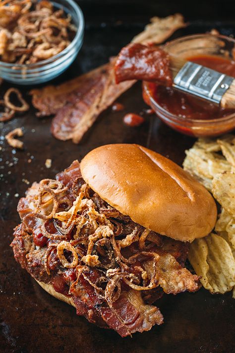 BBQ Meatloaf Burger with Homemade BBQ Sauce Meatloaf Burgers, Keto Sandwich, Keto Meatloaf, Bbq Meatloaf, Bbq Sauce Ingredients, Sausage Rice, Homemade Bbq Sauce, Brioche Bun, Crispy Shallots