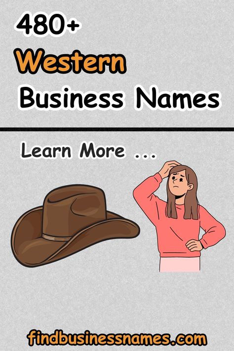 Discover unique Western business names for your venture on Pinterest! 

Stand out with catchy, authentic names that resonate with your brand. 

From "Frontier Forge" to "Rustic Roots," find the perfect name to captivate your audience. 🤠📈 

#BusinessNames #WesternStyle Western Names For Business, Western Business Names, Saloon Names, Rustic Salon, Catchy Business Name Ideas, Western Business, Daycare Names, Store Names Ideas, Salon Names Ideas