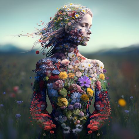 "A breathtaking image of a woman made entirely of wild flowers, standing majestically in the midst of a vibrant meadow. Her flowing petal hair and colorful blossom skin exude the energy and beauty of nature, inviting you to join her in a celebration of life." Plants And Humans Art, Advanced Higher Art, Higher Art, Beauty Of The World, Floral Collage, Sketching Ideas, Paper Pulp, Nature Artwork, Collage Artwork