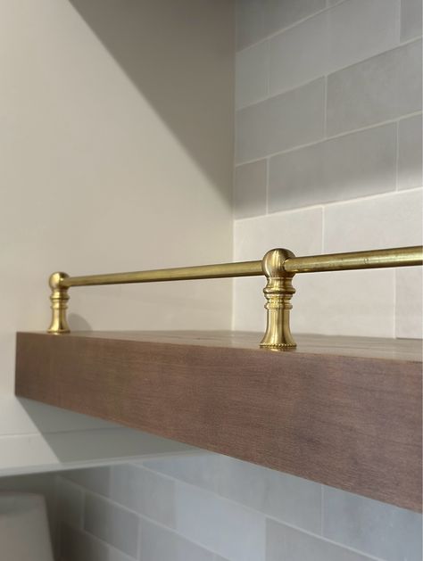 Traditional Short Gallery Rail curated on LTK Wood Shelves With Brass Rail, Shelves With Gallery Rails, Shelf With Brass Rail, Gallery Rail, Media Room, Wood Shelves, Railing, Pantry, Home Interior Design