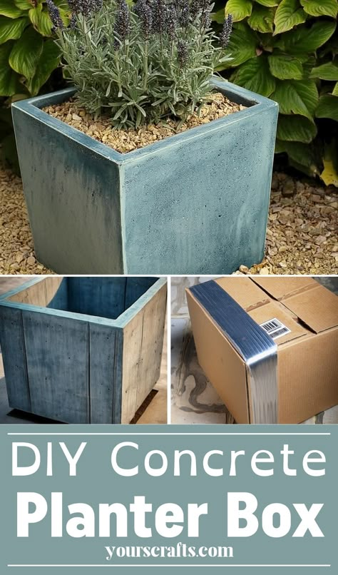 Useful DIY Concrete Planter Box Project For Garden Decor - Yours Crafts Diy Concrete Towel Planters, Planter Boxes With Light Post, Homemade Concrete Planters, Square Planter Boxes Diy, Diy Garden Pots & Planters, Planter Inspo Outdoor, Garden Pot Design Ideas, Making Cement Planters, Making Concrete Pots