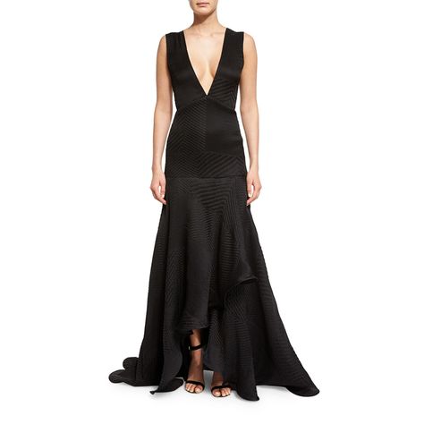 Jason Wu Black V Neck Plisse Gown-Meghan Markle - Dress Like A Duchess Meghan Markle Dress, Plunging V Neck Dress, V Neck Gown, Jason Wu Dress, Womens Evening Wear, Flared Dresses, Gowns Black, Fitted Tops, Dreamy Gowns