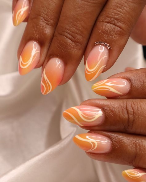 The summer sunset color combo is just too good🌅 . . . #nails #nailusa #nailart #naildesign #nailsofInstagram #naildesigns #nailsoftheday #naildesignsideas #acrylic #acrylicnails #raleigh #durham #raleighnails #trend #trendynails #nailinspo #springnails #summernails #funnails #colorfulnails #raleighnailtech Summer To Autumn Nails, Nail Art September, Sunset Nails Acrylic, Sunset Color Nails, Purple Nails Almond, Simple Summer Nail Designs, Sunset Nail Art, You Are Appreciated, Sunset Nails